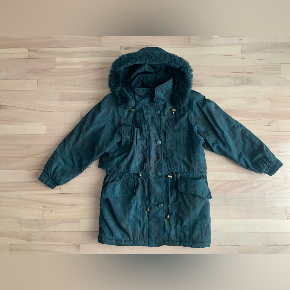 VINTAGE - Teal Hooded Parka Coat with Faux Fur Trim | Oversized Utility Jacket